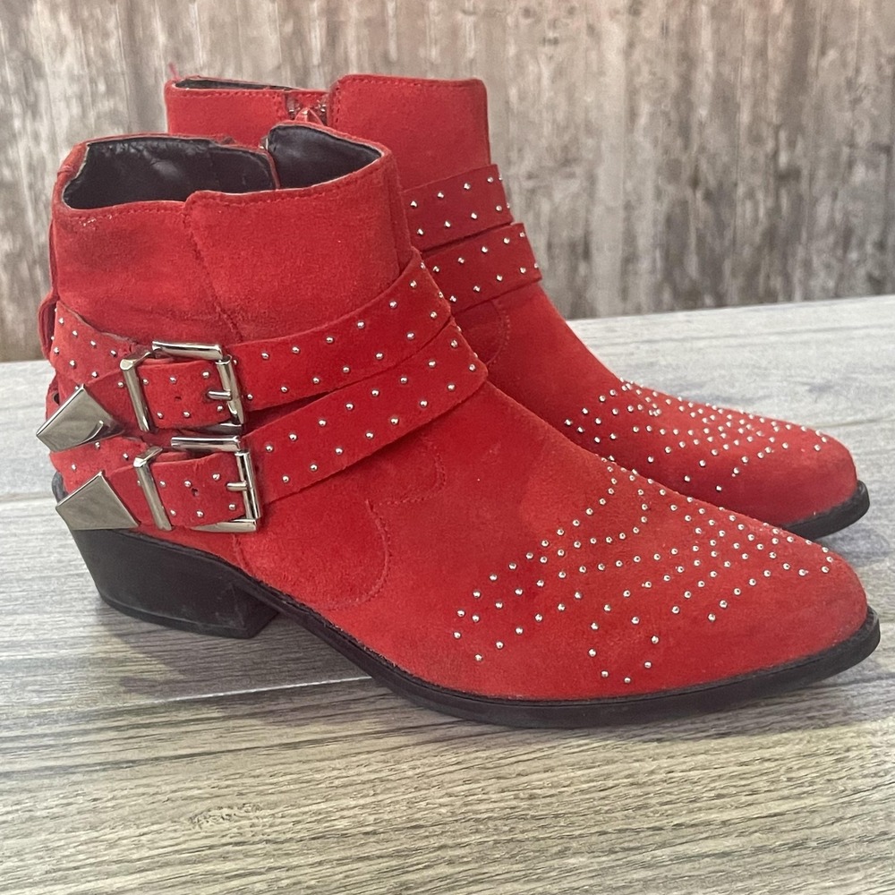 ASOS Boots Women 4 Red Suede‎ Leather Studded Ankle Buckle Side Zip Pointed Toe